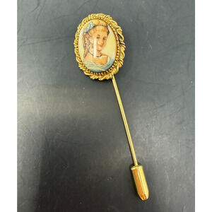 Vintage Cameo Stick Pin Gold Tone Portrait Victorian Lady Lapel Hat Pin